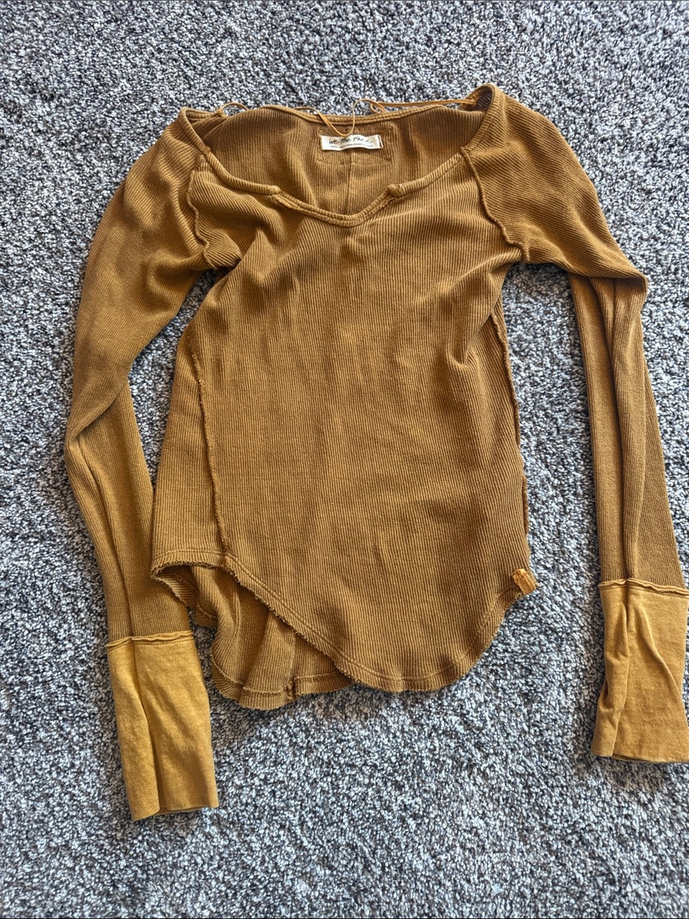 Free People Ribbed V-Neck Long Sleeve Top - Mustard Brown